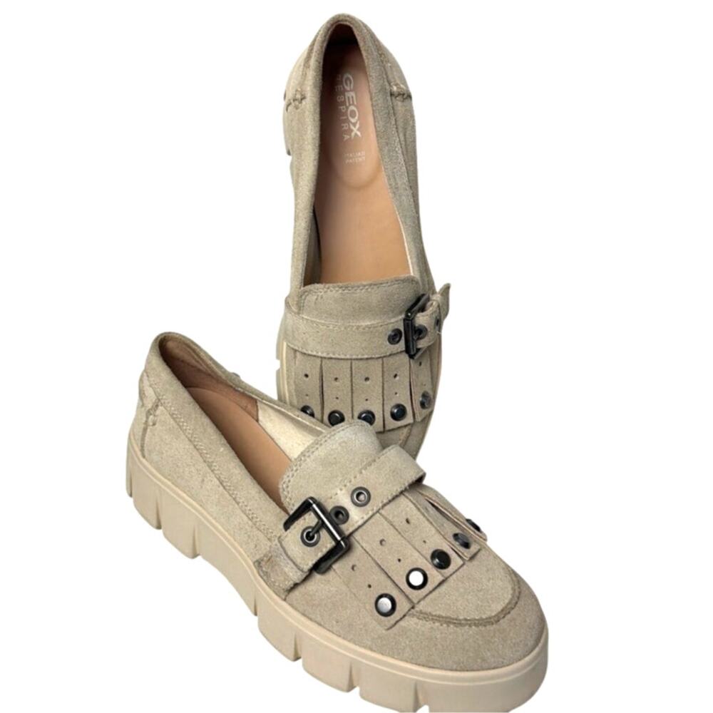 Geox D Ghoula Platform Loafers Beige Suede Studded Buckle Size 39 Office Casual